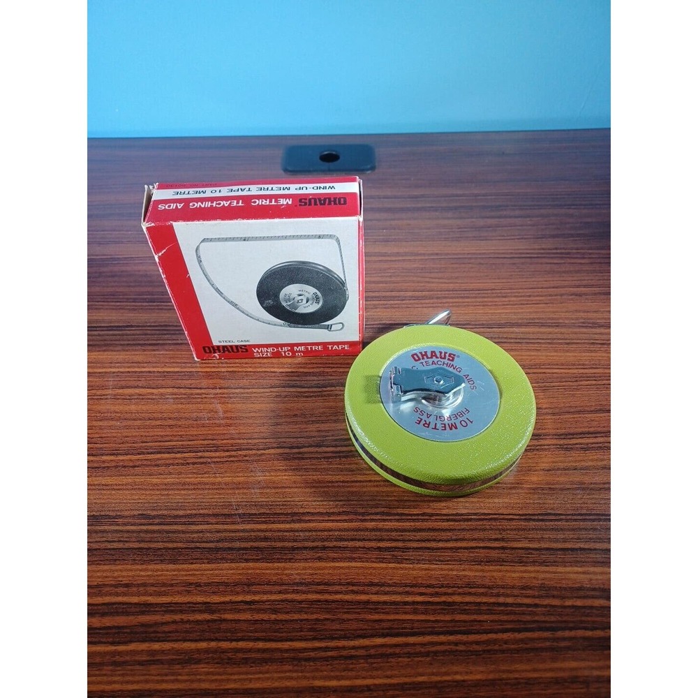 Vintage Ohaus Metric Teaching Aid Green Wind-Up 10 Metre Tape W/Box Steel Case
